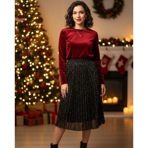 Vince Camuto, Black & Gold Metallic Pleated Midi Skirt, Size XS (NWT)